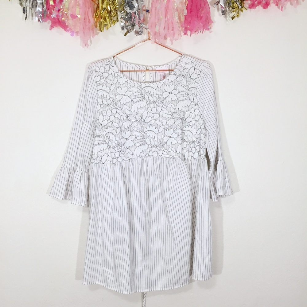Isabel Maternity Striped Bell Sleeve Blouse w Lace